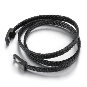 Multi-layer hand-woven leather bracelet with black stainless steel magnetic clasp