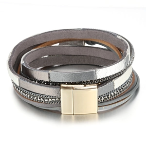 Multi-layer leather wrap bracelet with sparkling stones and gold magnetic clasp closure
