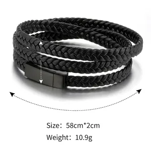 Triple-wrap braided black leather bracelet with matte steel magnetic clasp for men
