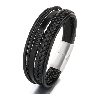 Bracelet multicouche en cuir tressé noir pour homme avec fermoir magnétique en acier