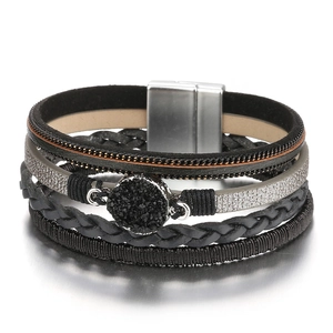 Multilayer braided leather bracelet with central black stone and magnetic metal clasp
