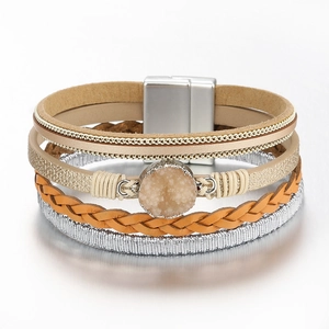 Multi-layer woven leather bracelet with crushed stone inlay and magnetic metal clasp