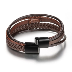Bracelet multicouche en cuir tressé marron pour homme avec fermoir en métal noir