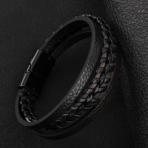 Men's multilayer braided leather bracelet with black magnetic clasp in all-black style