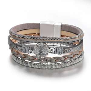 Multilayer bohemian magnetic bracelet featuring grey braided leather and druzy crystal stone