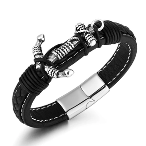Punk Nautik Herren Armband PU Leder Geflochten Silber Edelstahl Legierung Anker Anhänger Vintage Magnetverschluss Schmuck