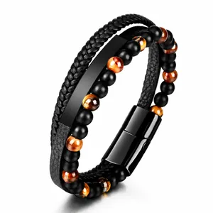 Meerlaagse herenarmband van leer met tijgeroogstenen en magnetische sluiting
