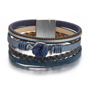 Bohemian multi-layer braided leather bracelet with blue druzy stone and magnetic clasp