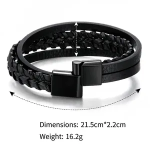 Men's multilayer black braided leather bracelet with magnetic clasp, 21.5cm length