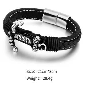 Herren Lederarmband geflochten mit silbernem Ankeranhänger und Magnetverschluss