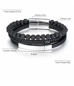 Detailed view of volcanic stone beads and woven cowhide bracelet with size dimensions