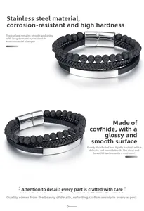 Close-up of men's multilayer bracelet with lava beads, braided leather and steel clasp