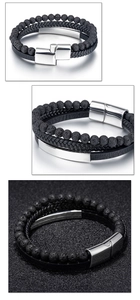 Detailed close-up of multilayer men's bracelet with lava stone and magnetic steel clasp