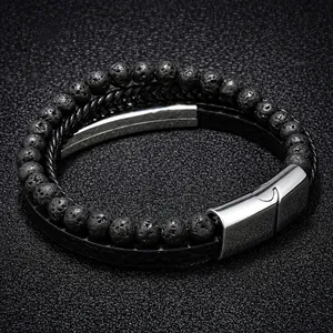 Men's multi-layer bracelet with volcanic stone beads, braided leather and magnetic buckle