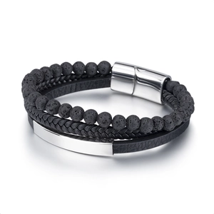 Men's multilayered bracelet with black lava stone beads, woven leather, and steel clasp