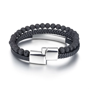 Men's triple layer bracelet with volcanic stone beads, braided leather and steel clasp
