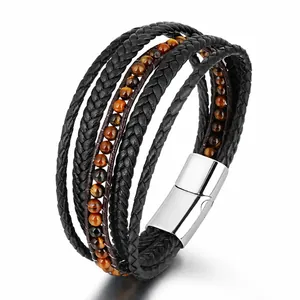 Multilayer men's leather bracelet with natural tiger eye stones and silver magnetic clasp
