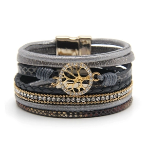 Böhmisch Mehrlagig Wickelarmband PU-Leder Legierung Lebensbaum Anhänger Strass Magnetverschluss Armreif Damen Schmuck