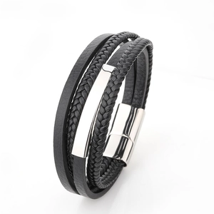 Men Multi-layer Braided Leather Bracelet With Stainless Steel Magnetic Clasp Punk Retro PU Titanium Steel Wristband Jewelry Gift
