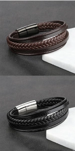 Detail of multi-layer braided leather bracelets with polished magnetic steel clasps