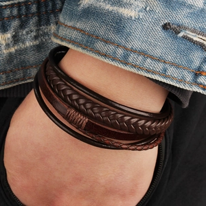 Multi-layer brown leather woven bracelet for men with retro handmade style and alloy clasp
