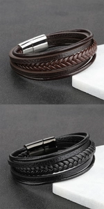 Detail of multi-layer braided leather bracelet with stainless steel magnetic clasp