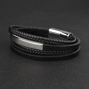 Multilayer braided leather men's bracelet with brushed steel plate and magnetic clasp