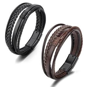 Braided leather bracelet for men with magnetic clasp in black and brown styles