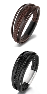 Detail of multi-layer braided leather bracelets with magnetic stainless steel clasps
