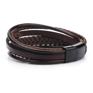 Multi-layer woven leather bracelet for men with black magnetic alloy clasp and coffee cords