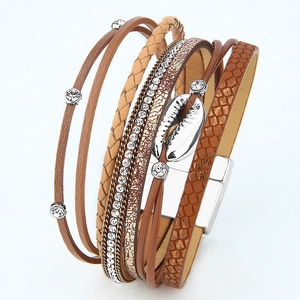 Bohemian Multi-layer Faux Leather Wrap Bracelet For Women Alloy Shell Charm Rhinestone Magnetic Buckle Vintage Jewelry