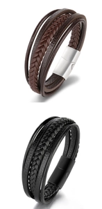 Close-up of black and brown multilayer braided leather bracelets with magnetic clasps