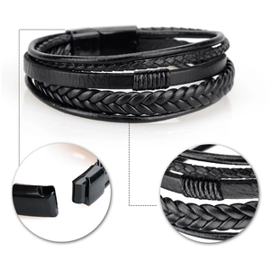 Men's multi-layer braided black leather bracelet with secure magnetic clasp on white background