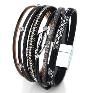 Bohemian multi-layer braided bracelet with metallic shells and magnetic clasp