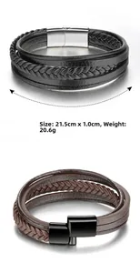 Detail view of woven leather bracelets in black and brown with magnetic metal clasps