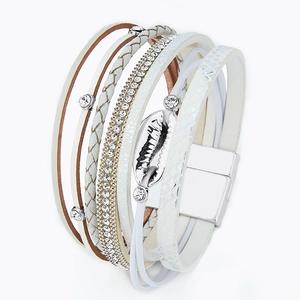 Bohemian multi-layer white wrap bracelet with shell charm and magnetic clasp closure