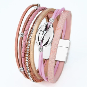 Bohemian multi-layer leather shell bracelet with pink woven ropes and magnetic clasp