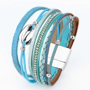 Bohemian multi-layer braided leather shell bracelet with rhinestones and magnetic clasp