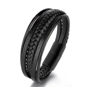 Men's multi-layer black braided leather bracelet with matte black magnetic metal clasp