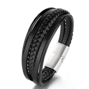 Men's multilayer black braided leather bracelet with vintage stainless steel magnetic clasp