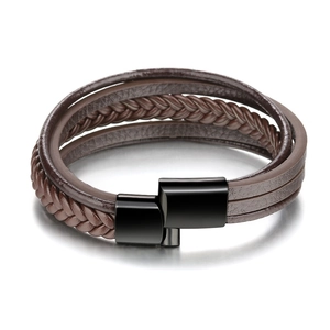 Handmade woven leather bracelet for men with multi-layer brown cords and black magnetic clasp