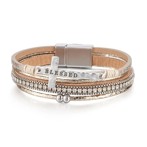 Bohemian Mehrlagiges Leder Kreuz Armband Für Damen Strass Armreif Mit Blessed Gravierter Metallplatte Magnetverschluss Schmuck