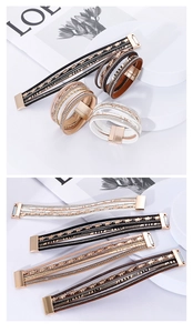 Détail du bracelet multicouche en cuir bohème avec breloque éléphant et fermoir aimanté