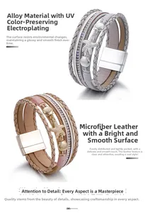 Dettaglio di bracciali in pelle intrecciata con ciondoli a stella marina e chiusura magnetica