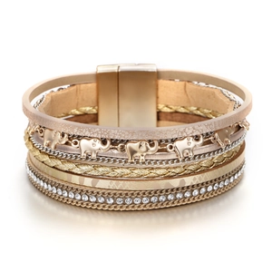 Bracelet Multicouche en Cuir de Bohême Pour Femme Pendentif Éléphant en Alliage Strass Fermoir Magnétique Bijoux Tissés à la Main Vintage