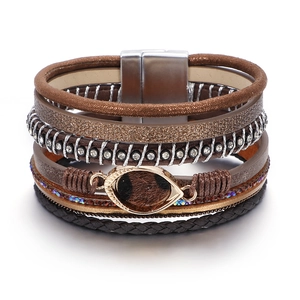 Bohemian Mehrlagiges Leder Wickelarmband Für Damen Leopardenmuster Böser Blick Legierung Strass Magnetverschluss Modeschmuck