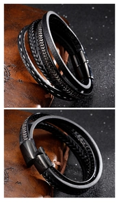 Detailaufnahme des mehrlagigen schwarzen Lederarmbandes mit Magnetverschluss