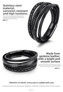 Makro-Detail des mehrlagigen Herren-Lederarmbands mit schwarzem Magnetverschluss aus Stahl
