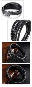 Detailansicht von mehrschichtigem geflochtenem Lederarmband mit Magnetverschluss für Herren