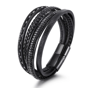 Herren Mehrlagig Geflochtenes Lederarmband Mit Edelstahl Magnetverschluss Punk Gewebtes Wickelarmband Industrie Mode Schmuck Geschenk